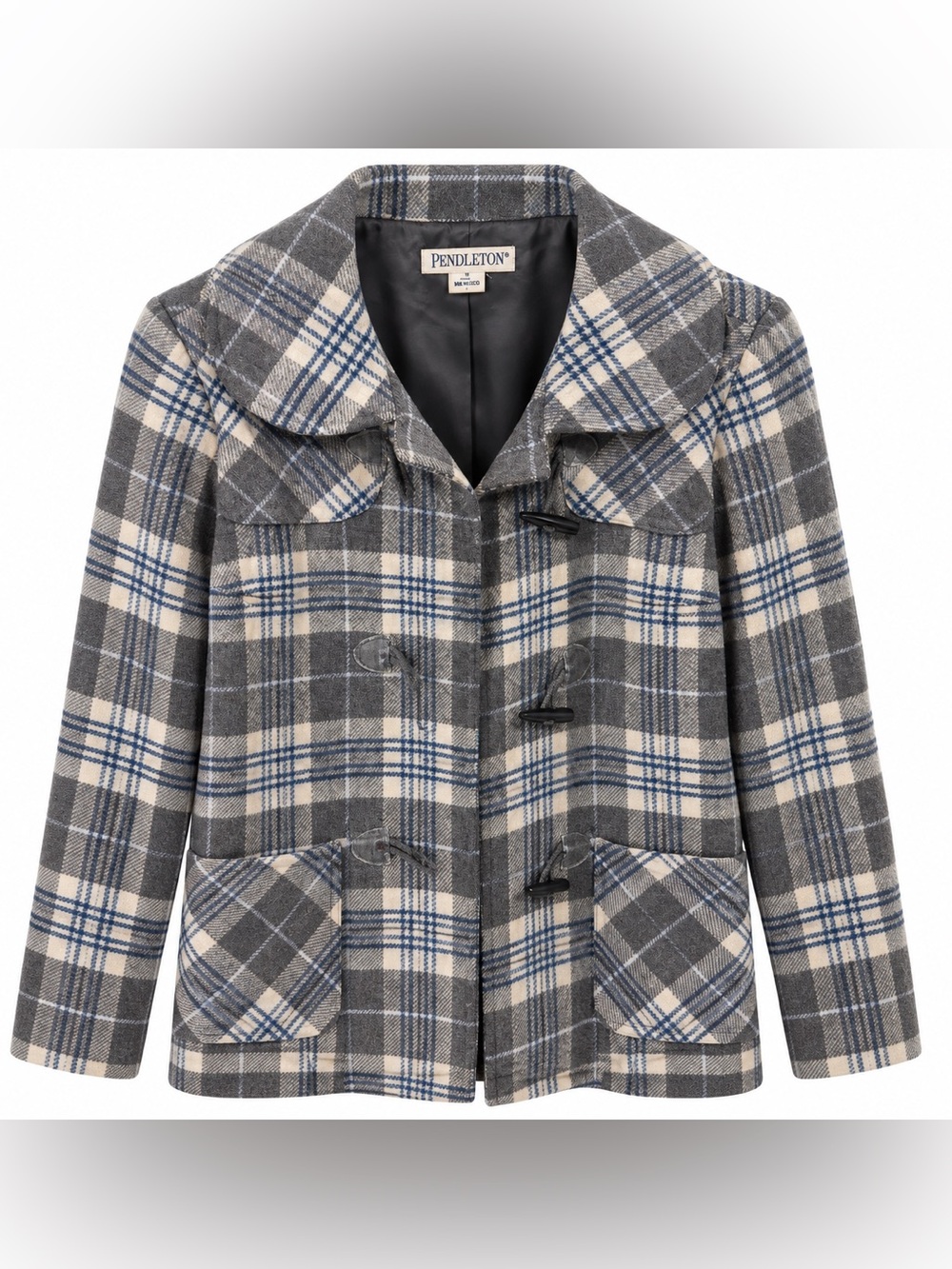 Pendleton Women’s S Wool Plaid Jacket Gray Blue Toggle Button Made in USA